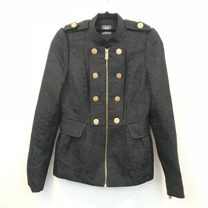Black Jacquard Military Style Jacket Gold Button Zipper Vince Camuto Size M